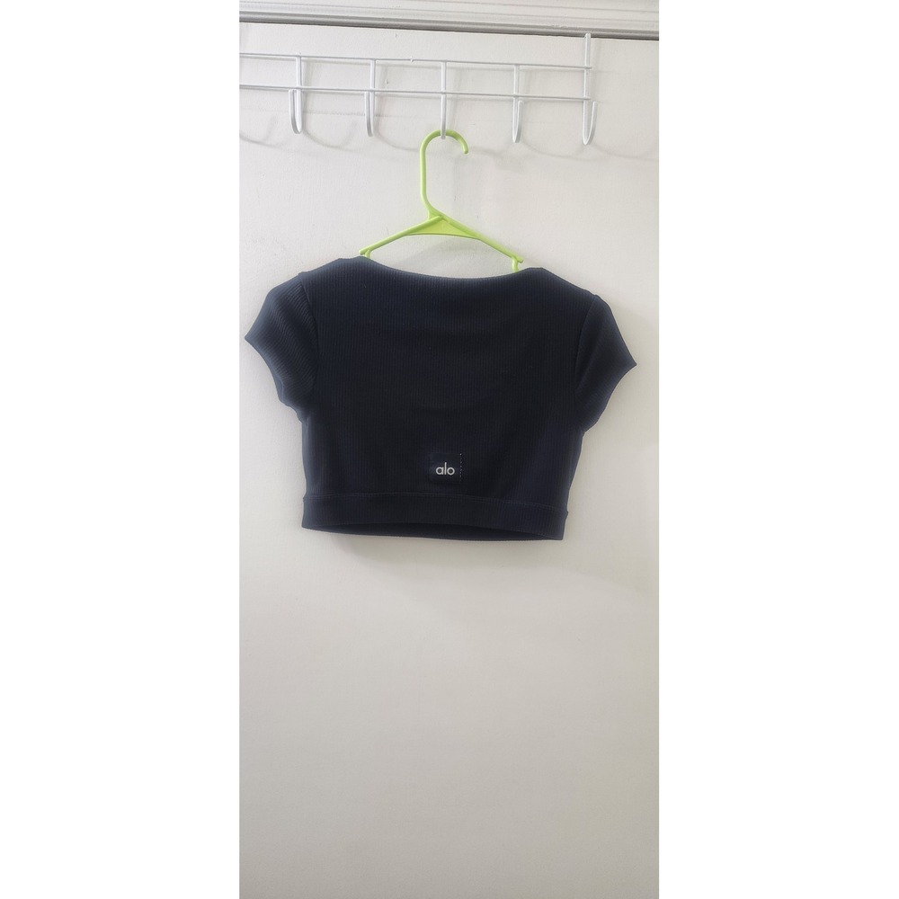 Alo Yoga Ribbed Henley Crop Top Black Short Sleeve Scoop Neck Small W5941R